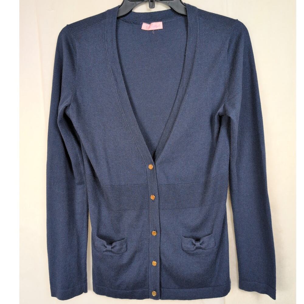 Lilly Pulitzer silk gold button navy blue light weight cardigan Size Sm Preppy